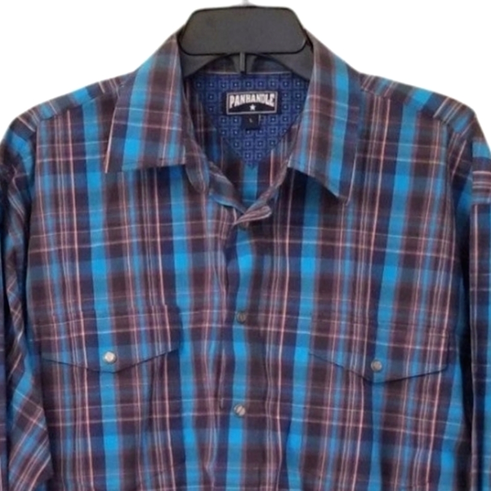 Panhandle Mens Size L Slim Western Pearl Snap Shirt Plaid Blue